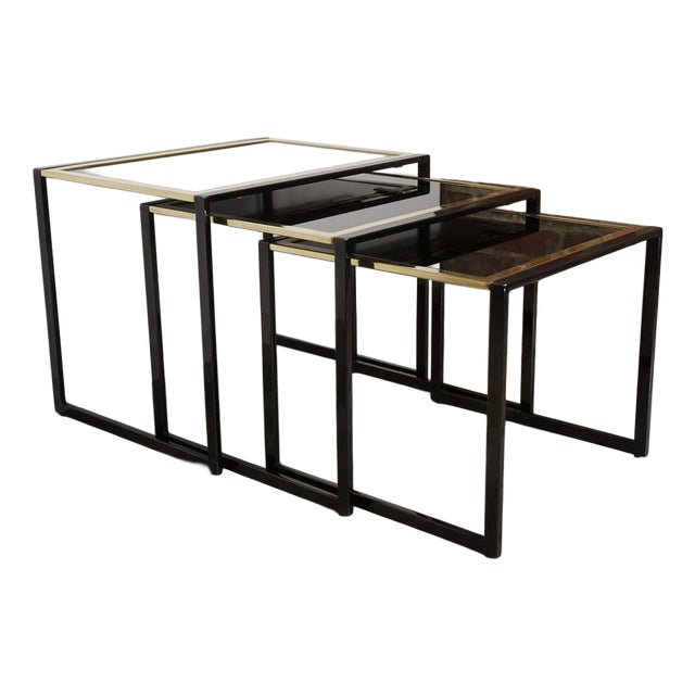 Nesting Tables in Gold-Plated and Black Metal, 1970s, Set of 3 For Sale