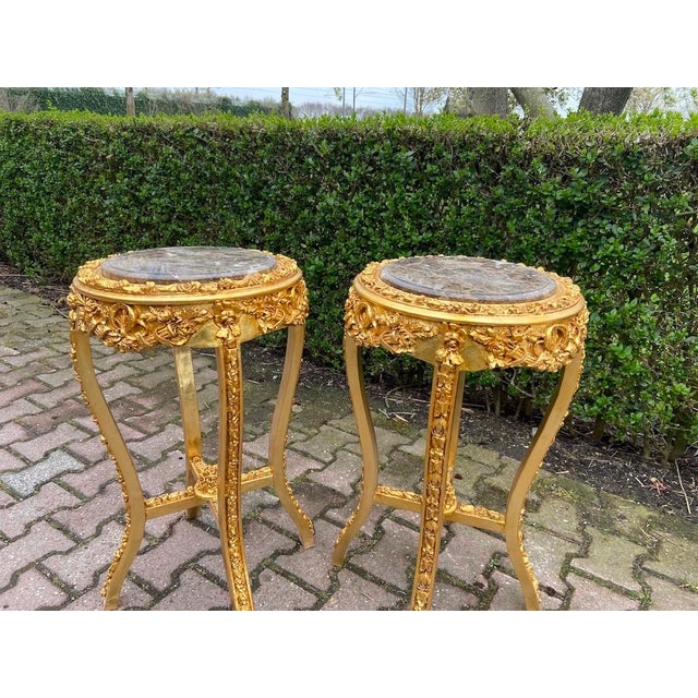 1980s French Louis XVI Gold Beech Marble Side Tables Pair For Sale - Image 6 of 12