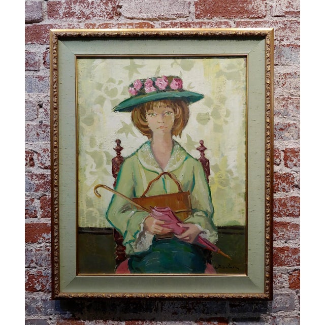 Andre Chochon -Portrait of a Big Green Eyes Girl in a Hat -Oil Painting For Sale - Image 10 of 10