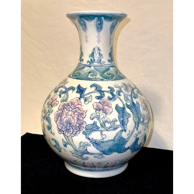 Large Vintage Baluster Shaped, Chinese Porcelain Vase W/ Pink, Green and Blue Chrysanthemums For Sale - Image 4 of 8