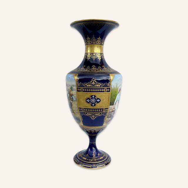 Traditional 19th Century Royal Vienna Baluster Form Cobalt and Gilt Urn With Paintings Depicting Rural Scenes For Sale - Image 3 of 6