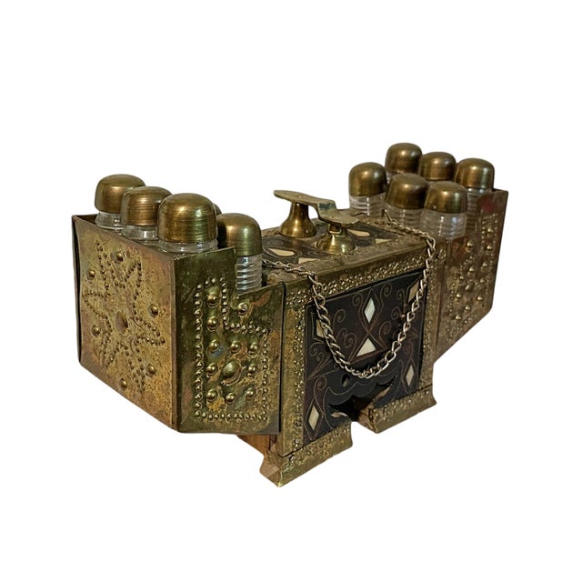 Antique Turkish Mother-of-Pearl Inlay Wood & Brass Shoe Shine Box Stand Amazing hand crafted Turkish portable shoe shine...