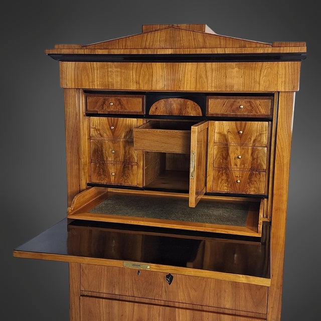 Biedermeier Cherrywood Veneer Secretary Desk with Pointed Gable, Thuringia, 1820s For Sale - Image 10 of 11