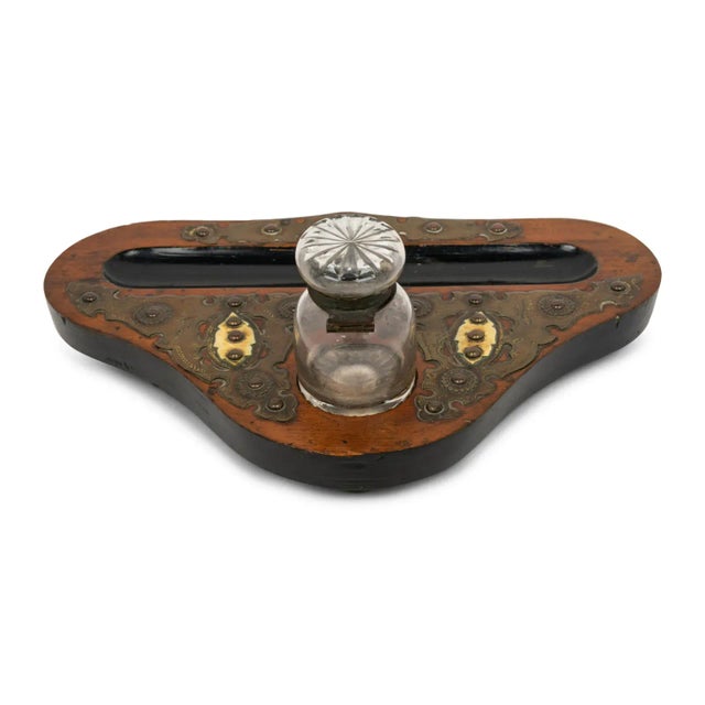 Antique Napoleon III Walnut Brass & Cut Crystal Inkwell