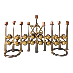 Antique Deco Handmade Bauhaus Artisan Mixed Metal Menorah Sculpture, Signed