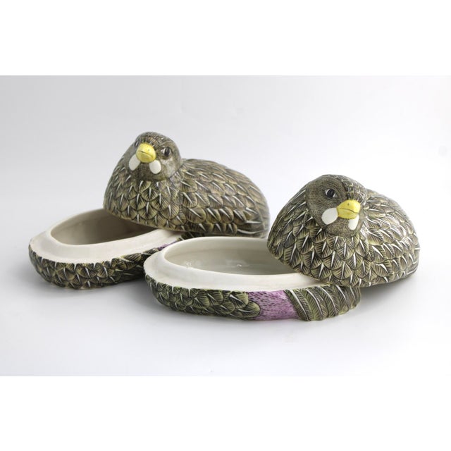 Vintage Neiman Marcus Pair of Chinoiserie Porcelain Quail Boxes, MCM For Sale - Image 9 of 11
