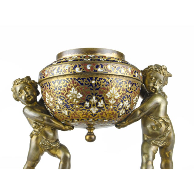 Metal Late 19th Century Napoléon III Gilt Bronze Sculpture of Putti and Champlevé Bowl With Marble Base, France For Sale - Image 7 of 9