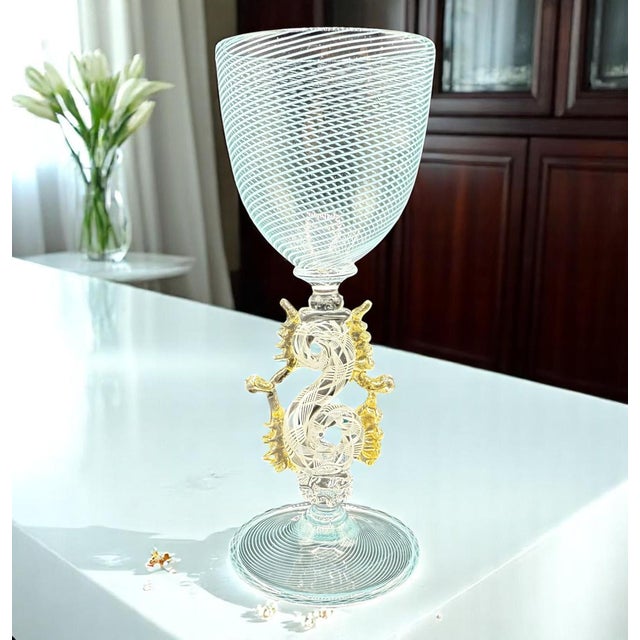 Hand Blown Murano Glass Goblet with Reticello Decoration and Gold Ornaments For Sale - Image 9 of 10