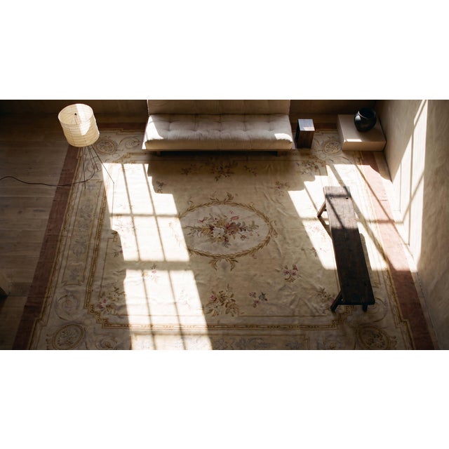 Elegant Ivory Background Color With Special Medallion Design Antique French Aubusson Square Area Rug For Sale - Image 12 of 12