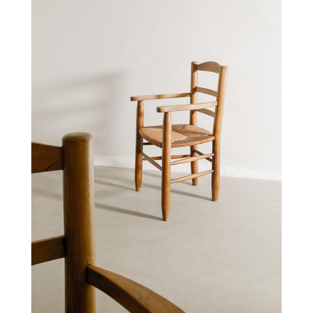 1950s French Wooden Armchairs in Elm & Straw attributed to Charlotte Perriand, 1950s, Set of 2 For Sale - Image 5 of 9