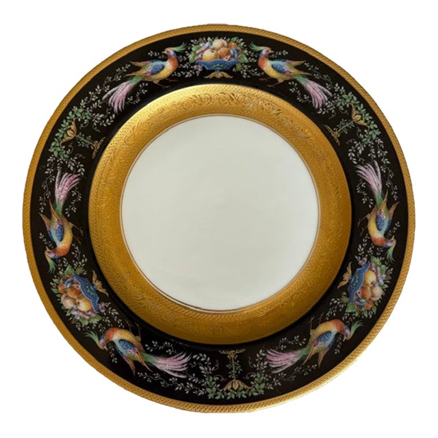 Set of 12 Pristine Hutschenreuther Black Knight Porcelain Dinner Plates – Gold Encrusted Pheasant & Fruit Motif, Mid-20th Century, Decorated in Usa For Sale
