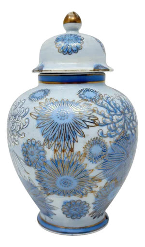 Vintage 6-Inch Hand-Painted Blue Chrysanthemums Ginger Jar
