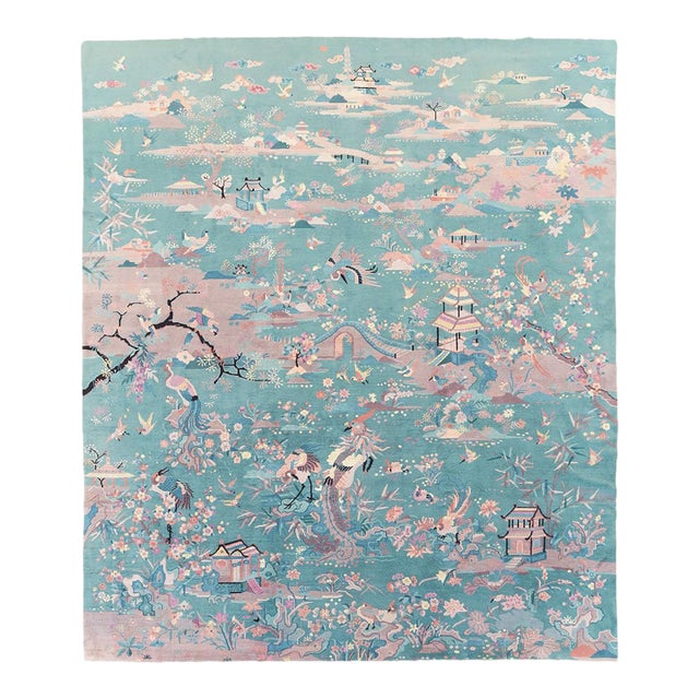 Galerie Shabab Collection Mid-20th Century Handmade Chinese Art Deco Room Size Carpet in Seafoam Green For Sale