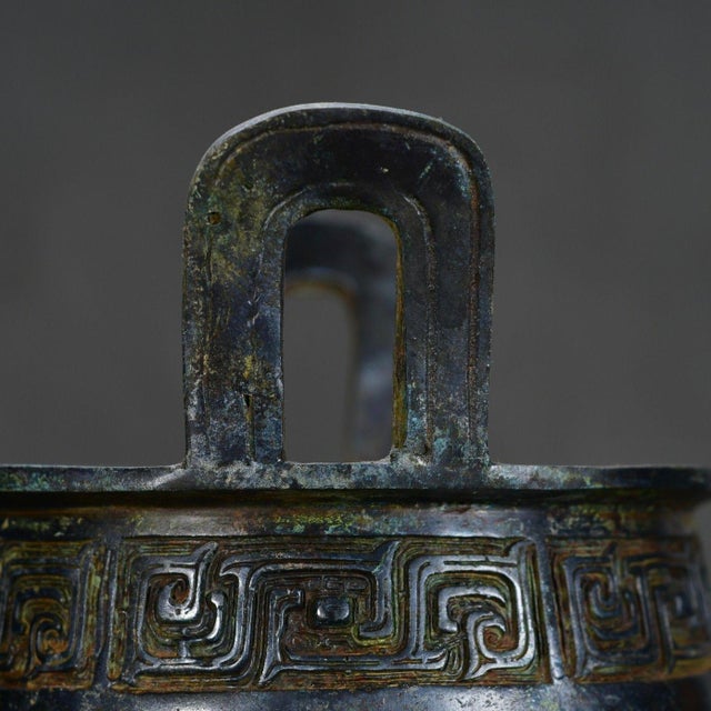 Light Green Vintage Three-Legged Chinese Ritual Censer With Carved Inscription Key Pattern For Sale - Image 8 of 8