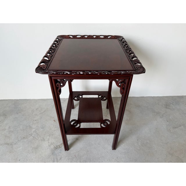 1960’s Vintage Chinese-Style Carved Mahogany Side Table With Pierced Gallery Top For Sale - Image 10 of 12