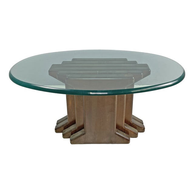Italian Modern Wooden Coffee Table with Geometrical Base and Glass Top, 1970s For Sale