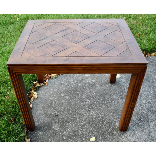 Henredon Oak Square Table Parquet Top Reeded Parsons Legs Mid Century End For Sale - Image 12 of 14