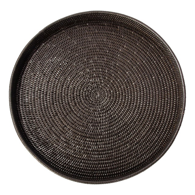 Artifacts Rattan Round Serving Ottoman Tray 32" Diameter, Tudor Black For Sale