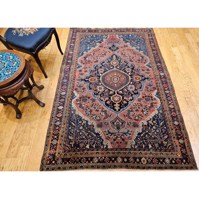 Textile Vintage Persian Farahan Sarouk Rug, Hand-Knotted Wool, Floral Pattern, Rust Red & Blue, 5x7 For Sale - Image 7 of 17