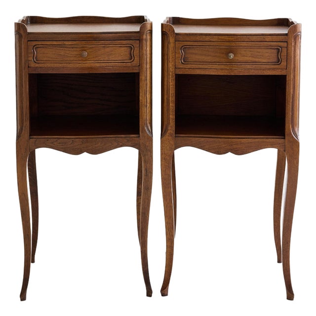 Pair of French Louis XV Style Oak Bedside Tables With Gallery Top For Sale