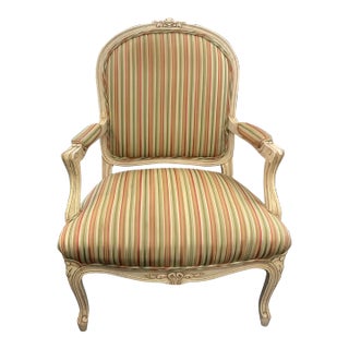 French Style White Washed Bergere Upholstered Chair in Striped Fabric For Sale