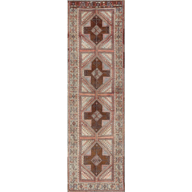 Multicolored Vintage Long Turkish Oushak Runner With Cross Shapes Design For Sale - Image 10 of 10