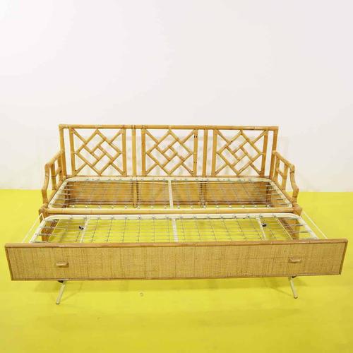 Woven Bamboo Sofa Bed with Double Pull-Out Mattress For Sale - Image 11 of 14