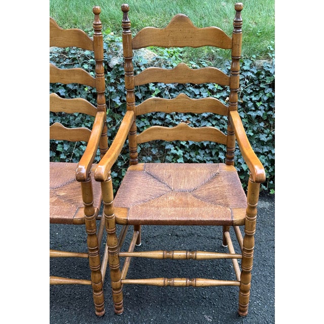 1970s Pair of Rustic English Country Ladder-Back Armchairs With Woven Rush Seats For Sale - Image 5 of 12