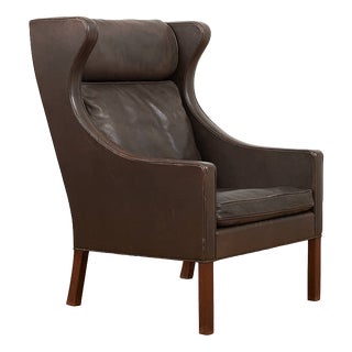 Model 2204 Wingback Armchair in Leather with Wood Legs by Børge Mogensen for Frederica, 1963 For Sale