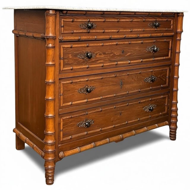 Traditional 19th-C. French Aesthetic Movement Faux Bamboo Gray Marble Top Chest Commode For Sale - Image 3 of 7