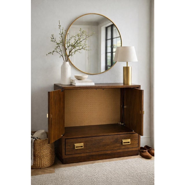 Mid-Century Modern Drexel Mid 20th Century Architectural Walnut Cabinet With Geometric Facade & Pocket Doors For Sale - Image 3 of 10