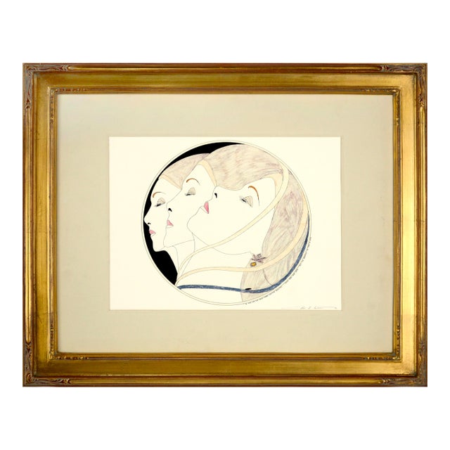 "Three Ribbon Heads", Art Deco Hand Colored Lithograph by John Luke Eastman 1984 For Sale
