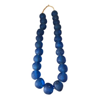Vintage African Jumbo Glass Dark Blue Trading Beads Necklace One String For Sale
