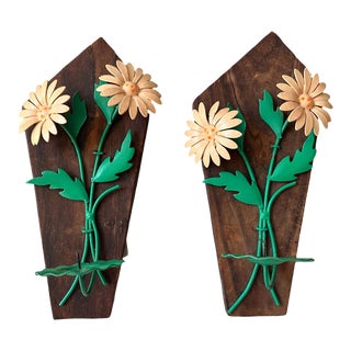 Mid Century Modern Spanish Toleware & Wood Daisy Candle Sconces, Spain- Set of 2 For Sale