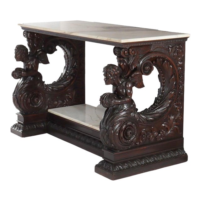 Antique Italian Baroque Figural Carved Walnut & Marble Top Console Table 18thC For Sale
