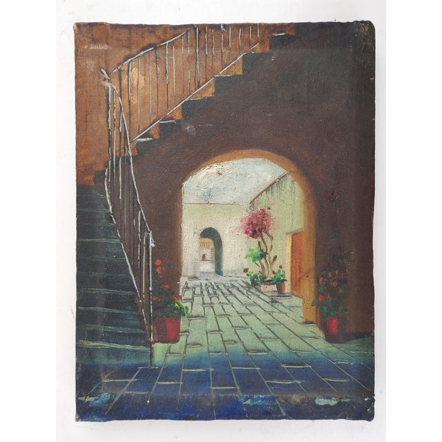Small vintage rustic oil on canvas courtyard painting. Unsigned. Unframed, edge wear.