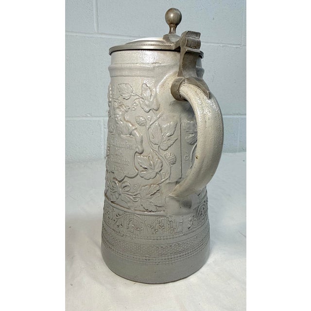 Large Antique 1800's German Pottery Porcelain Pewter Lidded Beer Stein Mug For Sale - Image 9 of 13