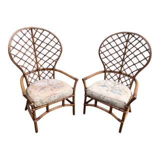 Late 20th Century Ficks Reed Peacock Fan Balloon Back Rattan Chairs a Pair For Sale