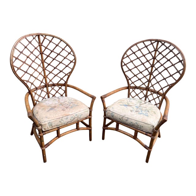 Late 20th Century Ficks Reed Peacock Fan Balloon Back Rattan Chairs a Pair For Sale