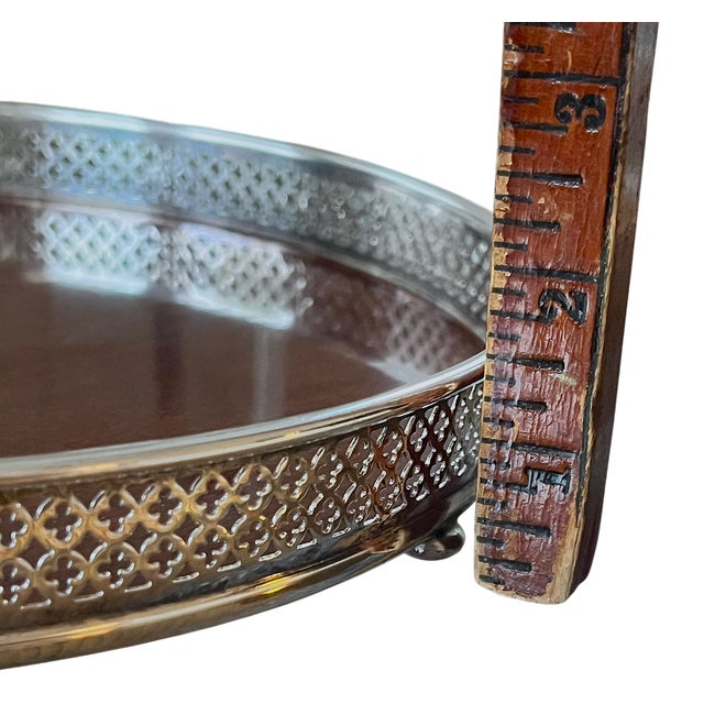 Vintage Silverplate & Mahogany Circular Gallery Tray With Pierced Quatrefoil Edge and Three Ball Feet For Sale - Image 9 of 9