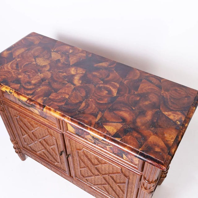 Carved Wood, Grasscloth, and Pen Shell Sideboard or Buffet For Sale - Image 4 of 11