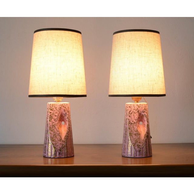 1950s Mid Century Ceramic Pink & Gold Nightstand Lamps a Pair Chairish