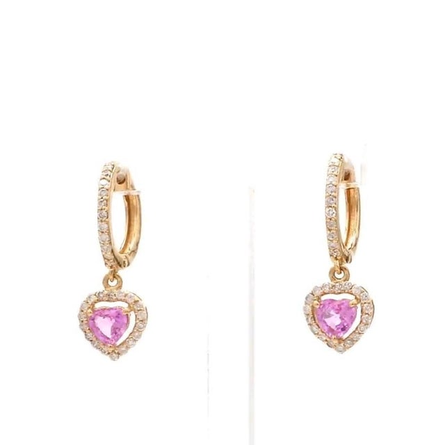 Gemstone 0.68 cts Natural pink sapphire & 0.28 diamond earrings in 14k gold For Sale - Image 7 of 18