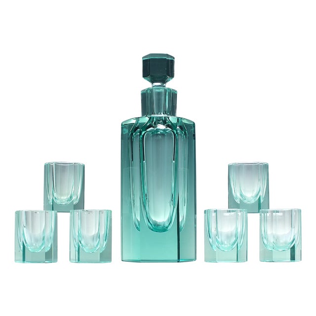 Vintage Art Deco Glass Decanter and Matching Glasses, 1930, Set of 7 For Sale