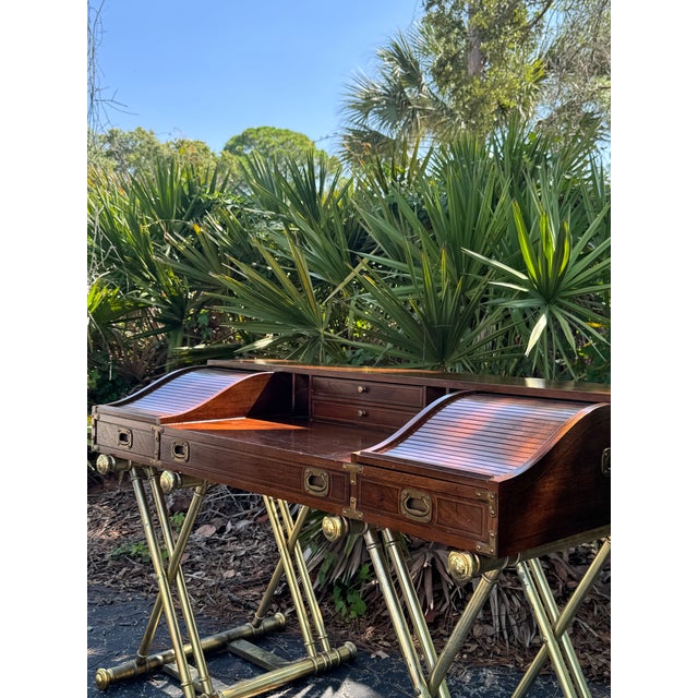 Vintage Drexel Oxford Square Campaign Roll Top Desk by John Van Koert With Gilt X-Base For Sale In Tampa - Image 6 of 8