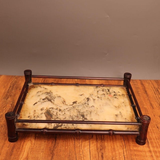 Vintage Rosewood Bamboo-Form Frame & Marble Landscape Tea Tray For Sale - Image 4 of 9