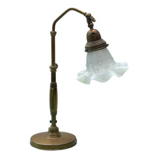 Brass Table Lamp with Opalescent Glass Shade, 1920s For Sale
