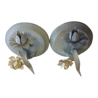 Vintage Blue & White Metal Candle Sconces Tole Style For Sale