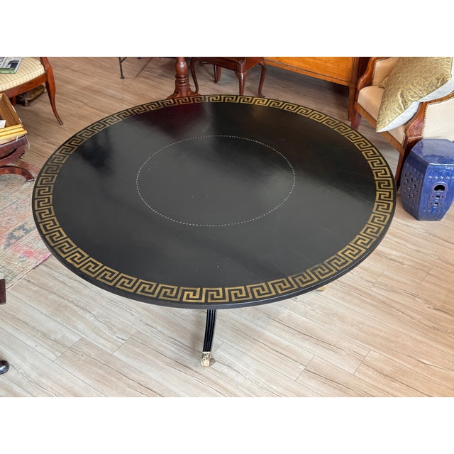 Wood Late 19th Century English Ebonized and Gilt Decorated Single Pedestal Table For Sale - Image 7 of 10