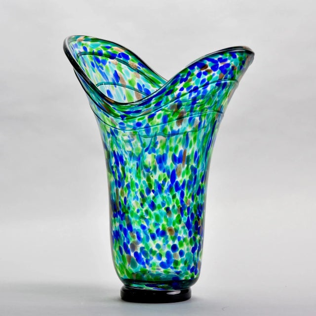 Tall Vintage Blue Green Gold Splatter Art Glass Vase | Chairish